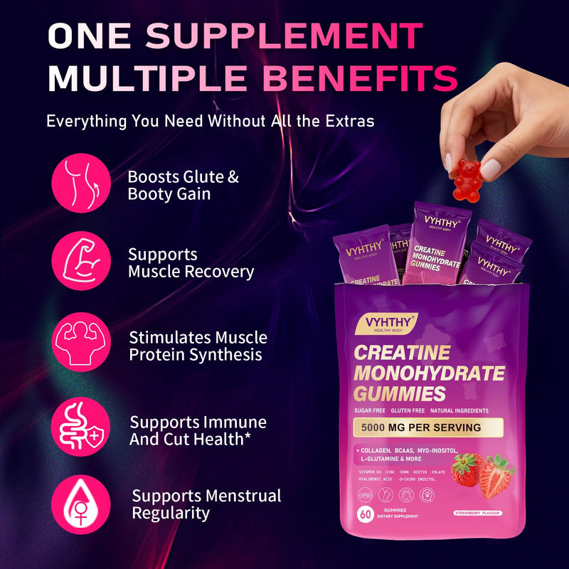 Creatine Monohydrate Gummies – with Collagen, BCAAs, L-Glutamine, Biotin, Zinc, Vitamin D3 & Hyaluronic Acid – Daily Pre & Post Workout Recovery, Sugar-Free (60 Gummies) 60 Count (Pack of 1)