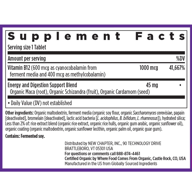 New Chapter Fermented Vitamin B12 1,000 mcg,USDA Organic,Daily for Cellular Energy + Healthy Blood Cells,Certified Vegan,Gluten Free -,60 Count (Pack of 2) 60 Count (Pack of 2)