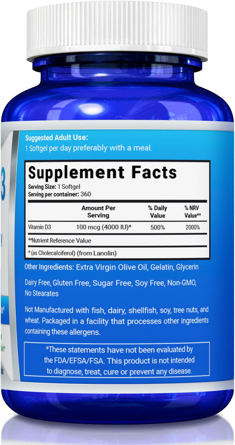 Vitamin D3 4000 IU Dietary Supplement - 360 Softgels - Bone & Immune Health | YounGlo Research GMP-certified, easy-to-swallow Vitamin D3 w/ olive oil promotes calcium absorption, bone strength & immunity