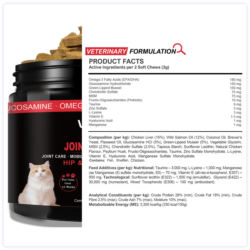 Senior Cat Joint Support Chews – Cat Arthritis, Hip & Joint Supplement with Glucosamine, Chondroitin, MSM, Green-Lipped Mussel, Omega-3 & Hyaluronic Acid – Mobility Relief for Older Cats Treats 80 Count