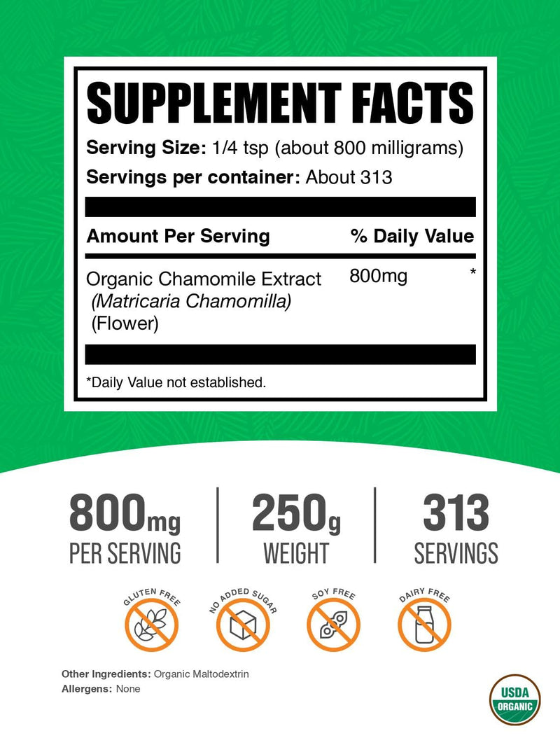 BulkSupplements.com Organic Chamomile Extract Powder - Herbal Supplement, Sourced from Chamomile Flowers - Vegan & Gluten Free, 800mg per Serving, 250g (8.8 oz) (Pack of 1) 8.8 Ounce (Pack of 1)