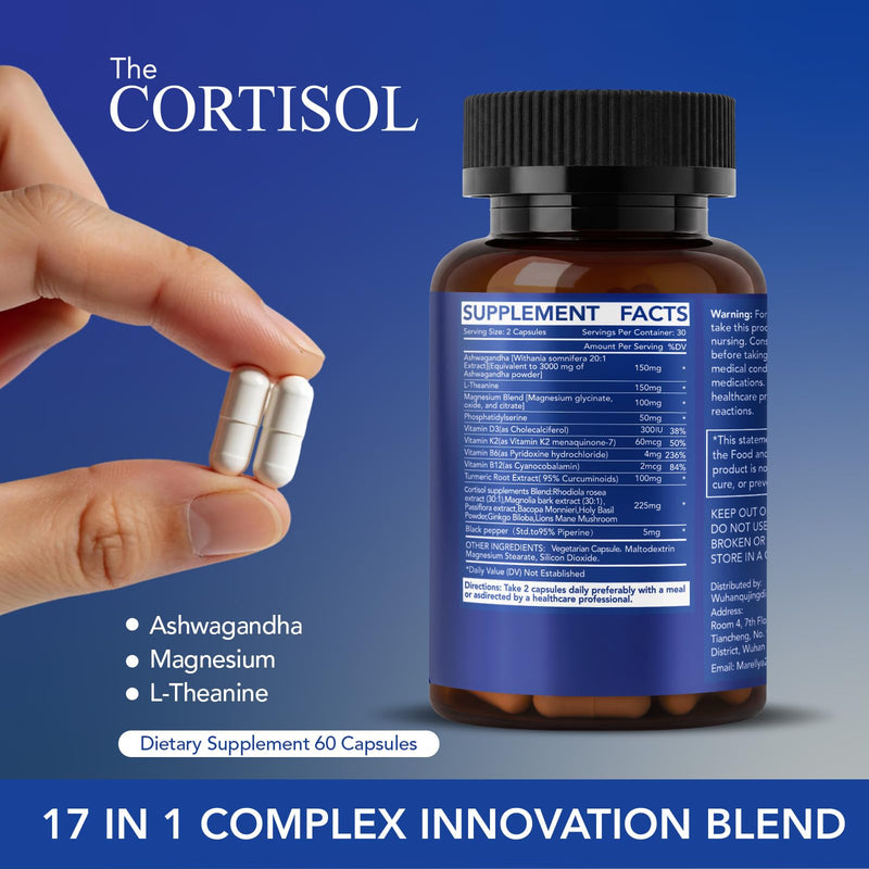 Cortisol Supplement for Women & Men – 17-in-1 Cortisol Manager with Ashwagandha, L-Theanine & Magnesium – Supports Stress Relief, Sleep & Adrenal Health – 60 Vegetarian Capsules