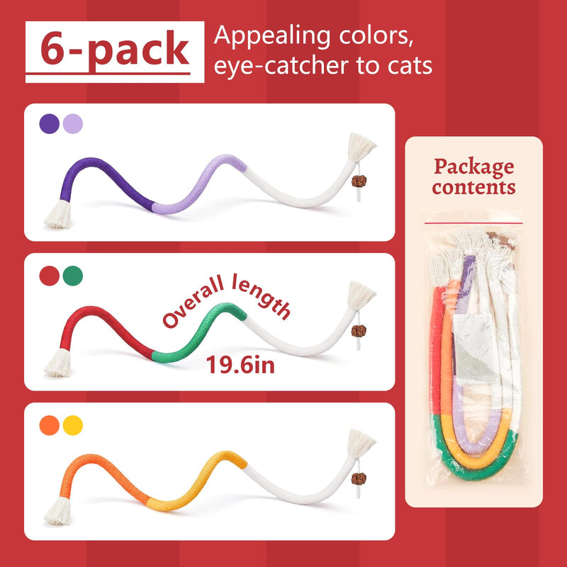Cat Toys Chew Ropes 6Pcs with Refillable Natural Catnip, Safe Teeth Cleaning Toy for Indoor Kittens, Interactive Cat Nip Kitty Toys for All Breeds - BeesActive Australia