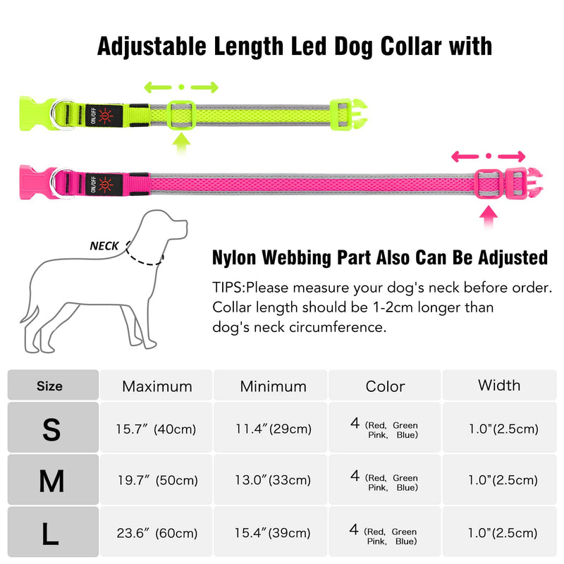 Flashseen LED Dog Collar, USB Rechargeable Light Up Dog Collar Lights, Adjustable Comfortable Soft Mesh Safety Dog Collar for Small, Medium, Large Dogs(Large, Neon Green) - BeesActive Australia