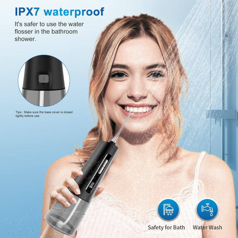 Rechargeable Water Flosser for Teeth, 300ML Oral Irrigator with 4 Nozzles, 2000mAh Battery, IPX7 Waterproof, 360° Rotating, USB Charging, Portable Cordless Dental Cleaner for Braces & Gum Care Black/Clear/Gray