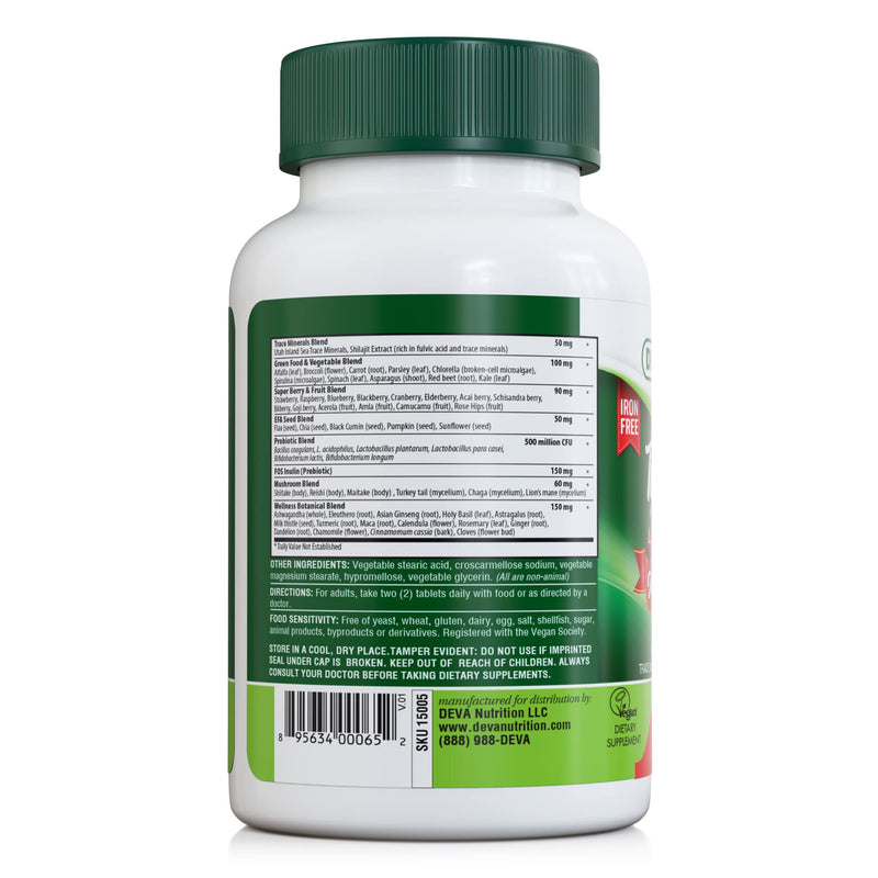 DEVA Tuba Prime Vegan Multivitamin Iron-Free - High-Potency Vitamin & Mineral Dietary Supplement - Antioxidants, Fruit & Vegetable Blend, Super Mushrooms, Probiotics, Prebiotics, Seeds, Herbs 90 Tabs 90 Count (Pack of 1)