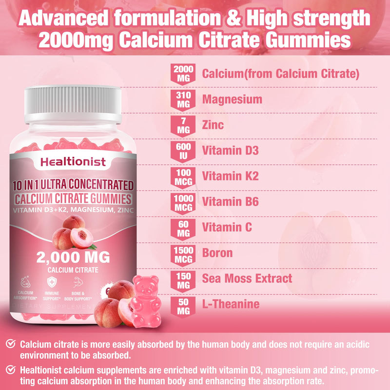 2 Packs 2000mg Calcium Citrate with Vitamin D3 K2 Supplements Gummies for Women & Men, Magnesium, Zinc, High Absorption, Bone, Muscle & Immune Support, 120 Counts Peach Flavor Gummies 60 Count (Pack of 2)