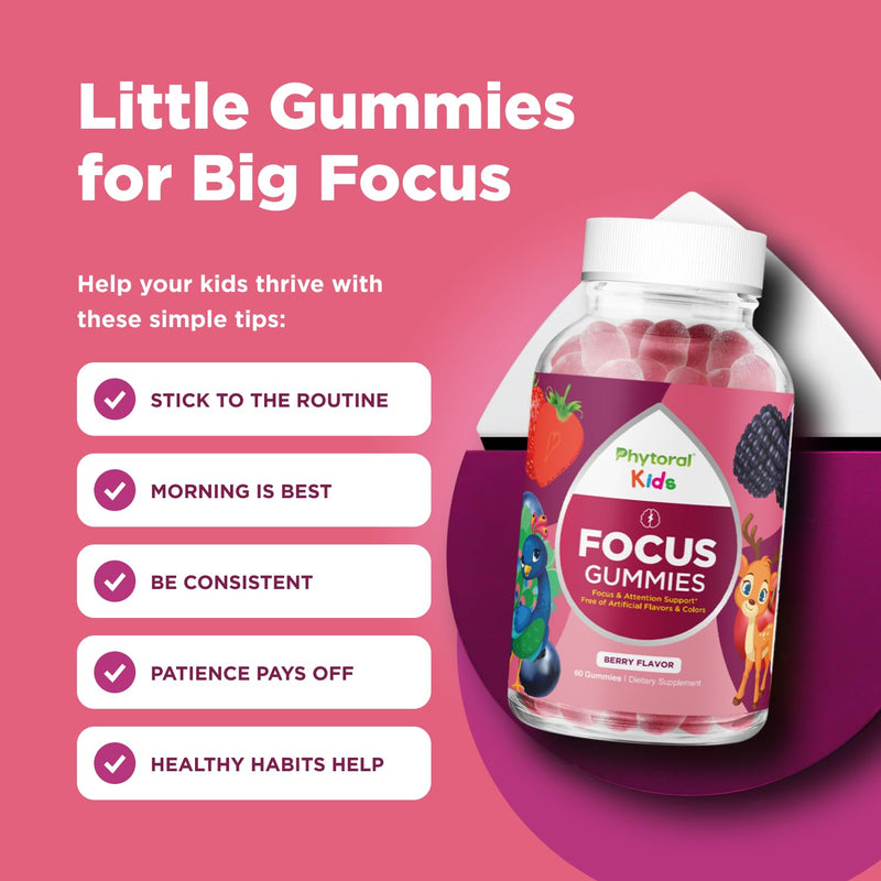 Phytoral Vegan Kids Focus Gummies - Potent Chewable Brain Support for Children - Enhances Concentration & Memory - Calming Supplements & Focus Gummies for Kids - Non-GMO & Gluten-Free - 60 Count 60 Count (Pack of 1)