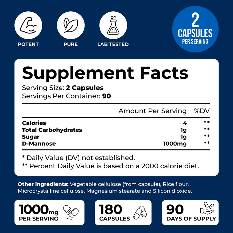 D-Mannose 1000mg - 180 Veggie Capsules - D Mannose Supplements for Women | Cranberry D-Mannose Helps Support Bladder & Urinary Tract Health - 180 Easy to Swallow Capsules - 90 Day Supply