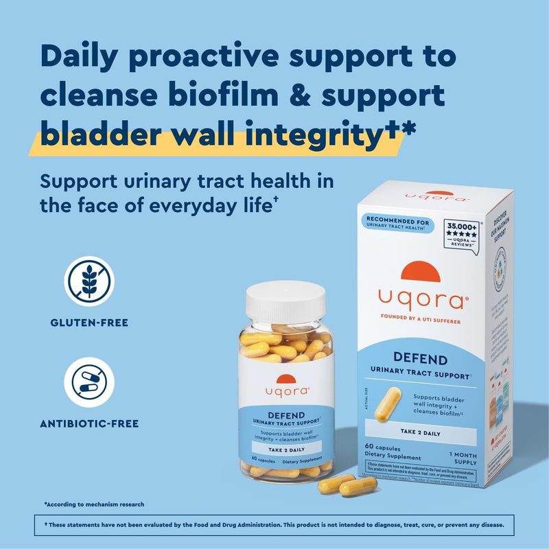 Uqora Defend - Urinary Tract Health Supplement - Support Bladder Health & Cleanse Biofilm* with D-Mannose, Green Tea Extract, Turmeric Extract & More - Gluten-Free - 60 Capsules (30-Day Supply) 60 Capsules (Pack of 1)