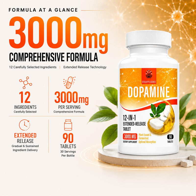 Kroppssund Dopamine Supplements with L-Theanine & Ashwagandha, 12-in-1 Extended Release Formula, 3000mg Per Serving, 90 Tablets (2 Bottle) | Dopamine Supplement, 12-in-1 with L-Theanine & Ashwagandha, 180 Tablets Unflavored 90 Count (Pack of 2)