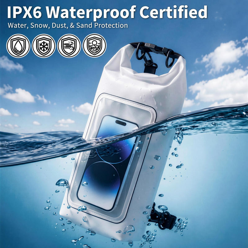 Waterproof Dry Bag 2L, IPX8 Roll Top Waterproof Belt Bag with Clear Phone Window, Phone Pouch Water Protector, Boat & Kayak Accessories, Essentials for Cruise Camp Swim Beach Fish Travel (White) White dry bag 2L - BeesActive Australia