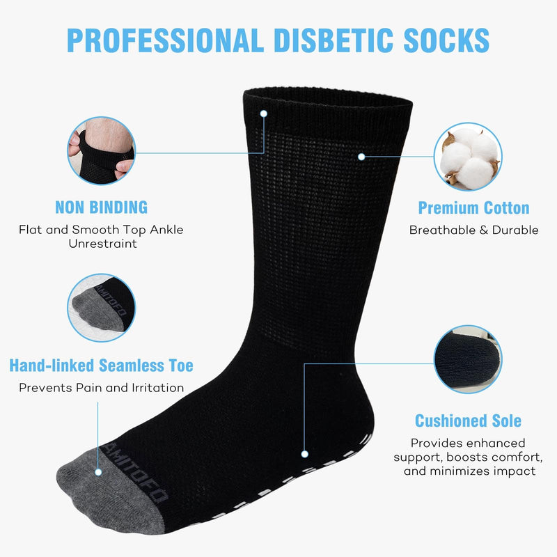 CaiDieNu Non Slip Diabetic Socks: 4 Pairs Non Binding Hospital Socks for Men Women with Grips Elderly Edema 9-15 13-15 Black