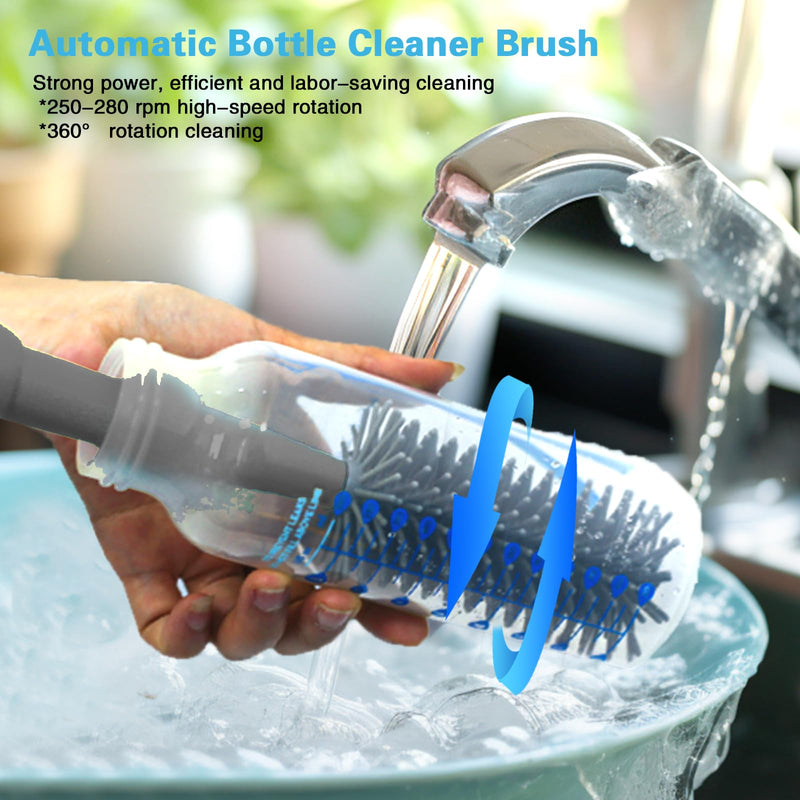 Electric Bottle Brush Cleaner Set, Electric Baby Bottle Brush Cleaner with Rechargeable Electric Bottle Cleaner and Silicone Bottle Brushes and Straw Brush, Automatic Bottle Cleaner Brush (Grey) Gray - BeesActive Australia