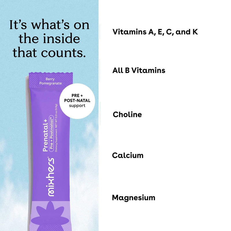 MIXHERS Prenatal + Postnatal Vitamins Drink Mix | Berry Pomegranate | 15pk | Formulated with Vitamins A, C, D, E & K | Methylated folate | 15 sugar-free berry stick packets 1.74 Ounce (Pack of 1)