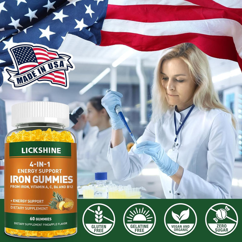 lickshine 2 Pack Vegan 100MG Iron Supplement Gummies for Women & Men - with Vitamin C, A, B for Adults & Kids - Energy Support for Iron Deficiency, Anemia - Pineapple Flavor (120 Ct) 60 Count (Pack of 2)