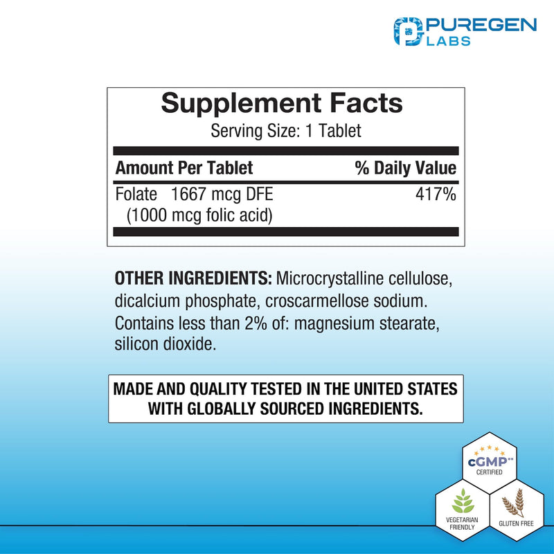 Puregen Labs Folic Acid 1000 mcg Tablets | Vitamin B9 | Non-GMO | Gluten Free | Value Size 1000 Tablets