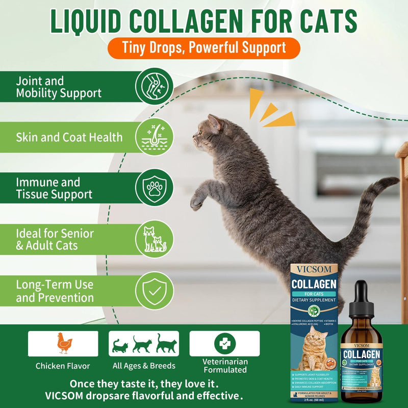 Liquid Collagen for Cats, Cat Joint Supplement for Cat with Bovine Collagens, Biotin & Vitamin C, Mobility & Flexibility, Itch Relief, Skin, Coat & Immunity Support, Cat Joint Supplement for Cats