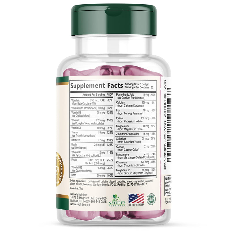 Multivitamin for Women - Complete Daily Womens Multivitamins with Calcium, Folic Acid, Vitamin A, C, D, E, & B Vitamins, Zinc and Iron - Vitamins for Bone, Energy & Immune Support - 60 Softgels 60 Count (Pack of 1)