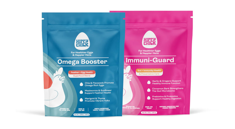 Hippy Chick Immuni-Guard + Omega Booster Bundle – Chicken Immune Support, Probiotics & Prebiotics, Omega-3 Egg Laying & Feather Health Supplement – Natural Poultry Treat & Flock Wellness Pack