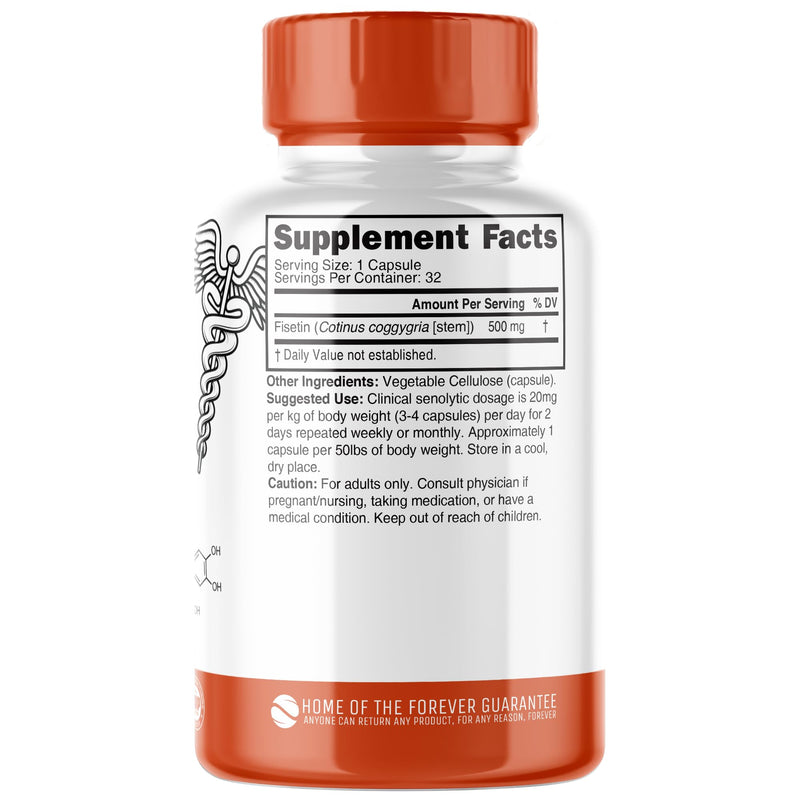 Nutri Fisetin 500mg 32 Count - Clinical Dosage - Fisetin Supplements - Powerful Senolytic Activator, Antioxidant, Heart Support - Natural Polyphenols - Capsules - 3rd Party Tested - GMP Certified 32 Count (Pack of 1)