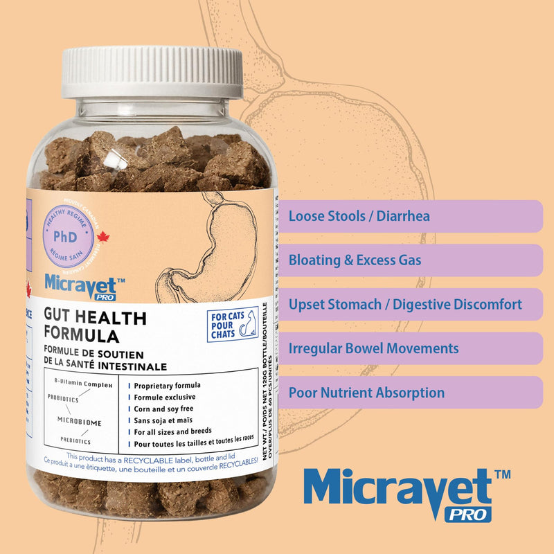 MicraVet Pro Cat Gut Health Formula Soft Chews – Fast-Acting Digestive Support, Hairball Control, Healthy Stool & Stress Relief with Probiotics, Prebiotics & Zeolites – Soft Chew Supplements for Cats