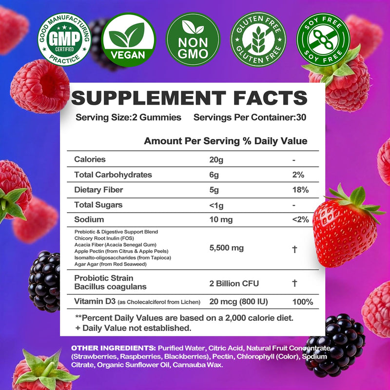 Prebiotic Fiber Gummies, 5g Fiber, Bacillus Coagulans, Mixed Fruit 120Count | 5g Fiber Per Serving With Inulin FOS, Acacia and Apple Pectin, 2 Billion CFU Bacillus Coagulans, Vitamin D3. 60 Count (Pack of 2)
