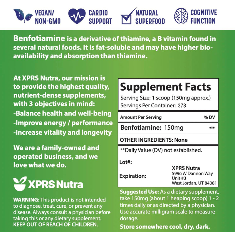 XPRS Nutra Benfotiamine Powder (Thiamine) - Fat Soluble Happy Heart Thiamine Supplement - Advanced Vitamin B1 Benfotiamine for a Cognitive Boost - Vegan Friendly Benfotamine Powder (2 Ounce)