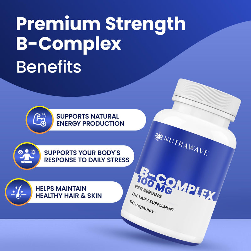 Nutra Wave Super B Complex Vitamins for Women & Men, High Potency B1 B2 B3 B5 B6 B7 B9 B12 with Choline & Myo-Inositol, Energy & Brain Support, Made in USA, Vegan Non-GMO, 60 Capsules 60 Count (Pack of 1)