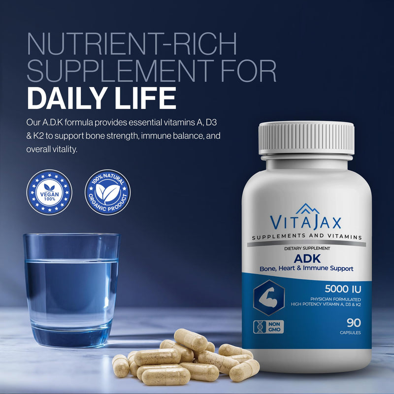 ADK - Vitamin ADK Supplement, 90 Capsules - High Potency Vitamin A, D3 (5,000 IU) K2 as MK-7 for Bone, Heart & Calcium Absorption – Non-GMO, Gluten Free (3 Month Supply) 90 Count (Pack of 1)