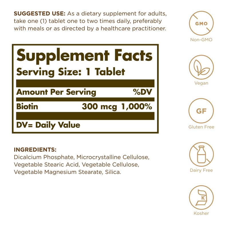 Solgar Biotin 300 mcg - 100 Tablets, Pack of 3 - Supports Healthy Skin, Nails & Hair - Non-GMO, Vegan, Gluten Free, Dairy Free, Kosher, Halal - 300 Total Servings 300 Count (Pack of 1)