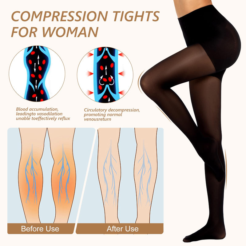 MANZI 2 Pairs Compression Pantyhose for Women Shaping Black Tights 10-15mmHg Support 50D Opaque Stockings Small