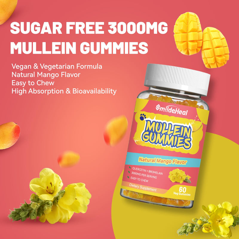 Mullein Gummies 3000MG, Sugar Free Mullein Gummies with Bromelain & Quercetin, Mullein Leaf Extract Supplements for Lungs, Vegan, 60 Count 60 Count (Pack of 1)