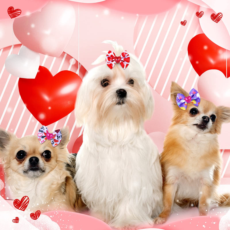 Tondiamo 100 Pack Valentine's Day Dog Hair Bows with Rubber Bands Valentine's Day Puppy Bows Rhinestone Pet Hair Accessories Dog Bows Grooming for Small Girl Dogs (Heart Pattern) Heart Pattern - BeesActive Australia