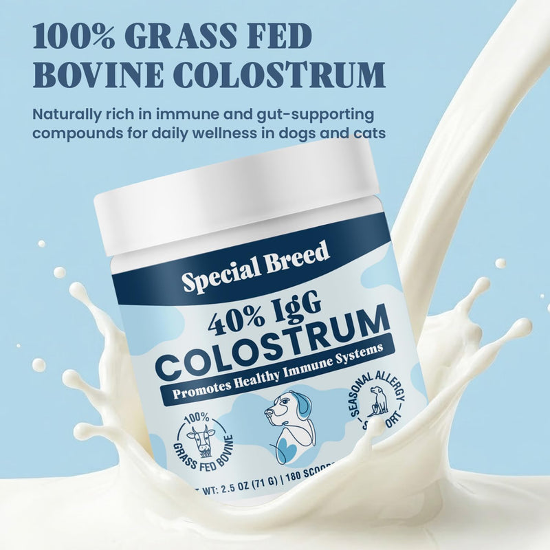 40% IgG Grass Fed Colostrum for Dogs, Third Party Tested High Potency Colostrum Powder, Immune Support, Prebiotic Gut Health, Seasonal Allergy and Itch Relief, Made in USA, 2.5 Oz Bovine 40% IgG 180 Scoops