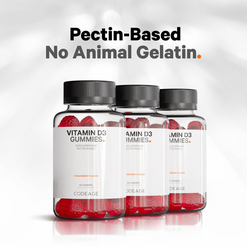 Codeage Vitamin D3 Gummy Vitamins, Vitamin D3 5000 IU Gummies Cholecalciferol 125 mcg - 2-Month Supply - Soft Pectin-Based, Animal Gelatin-Free Vitamins Gummy, Strawberry, Gluten-Free - 60 Gummies