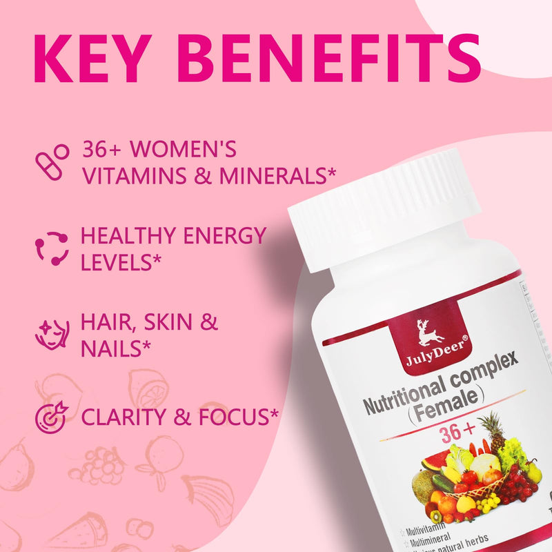 JulyDeer Multivitamin for Women 60 Tablets Complete Multimineral & Vitamin | A, C, D, E and B-Complex, Zinc & More for Lady Immunity, Hair, Skin & Nails, Digestion + Vegetarian ( 60 Count Pack of 2) 2 Bottles