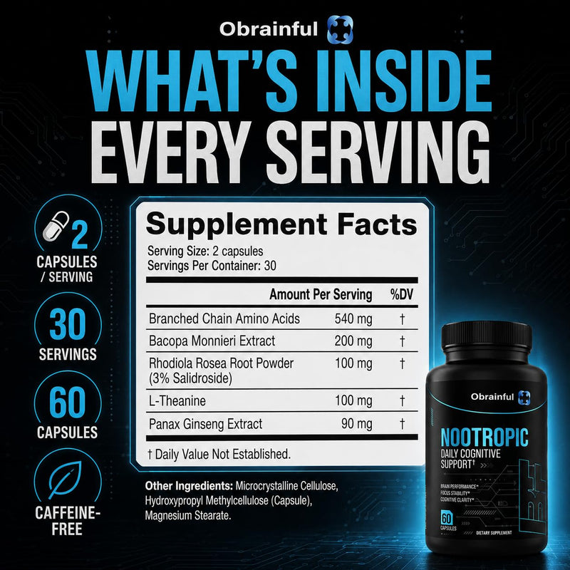 Nootropic Brain Support Supplement | Caffeine-Free Focus & Memory Formula with BCAAs, Bacopa & L-Theanine | Daily Cognitive Wellness & Mental Clarity for Adults | 60 Capsules