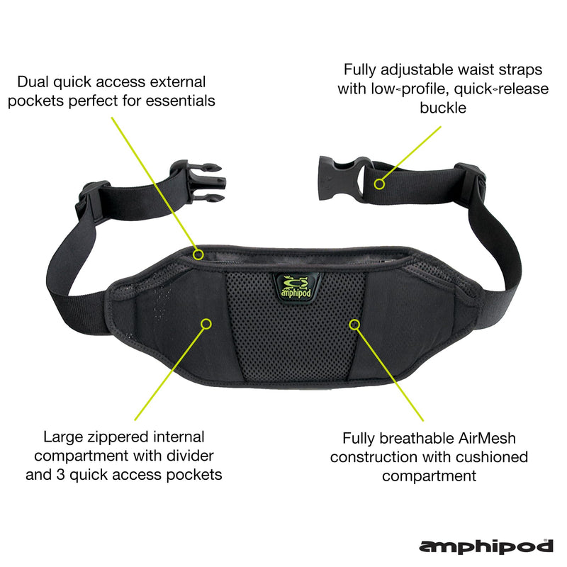 Amphipod AirFlow Endurance Waistpack, Bounce Free Runners Storage Fanny Pack Waist Bag for Running, Jogging, Men & Women One Size Black