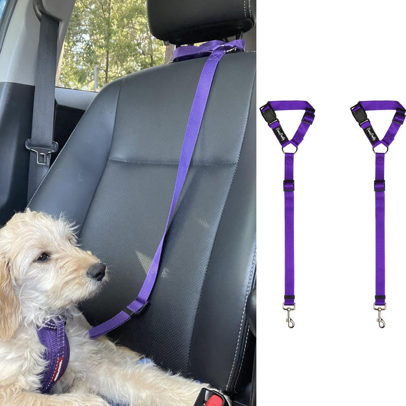 PawsPawty 2 Pack Headrest Dog Car Safety Seat Belt Adjustable Nylon Fabric Car Leash Vehicle Seatbelts Harness for Dogs 2-in-1 Leash and Restraint Purple - BeesActive Australia