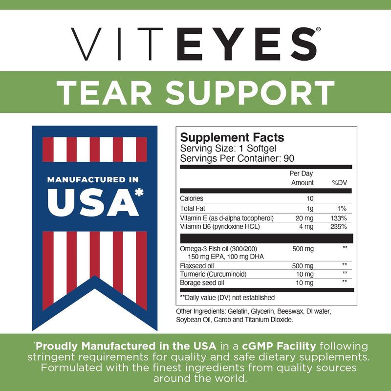 Viteyes Tear Support Eye Soothing Blend, Occasional Dry Eye Supplement, No Eye Drops, Redness Relief, Eye Vitamin, Allergy Support for Itchy Eyes, Omega-3 Fish Oil, 90 Softgels 90 Count (Pack of 1)