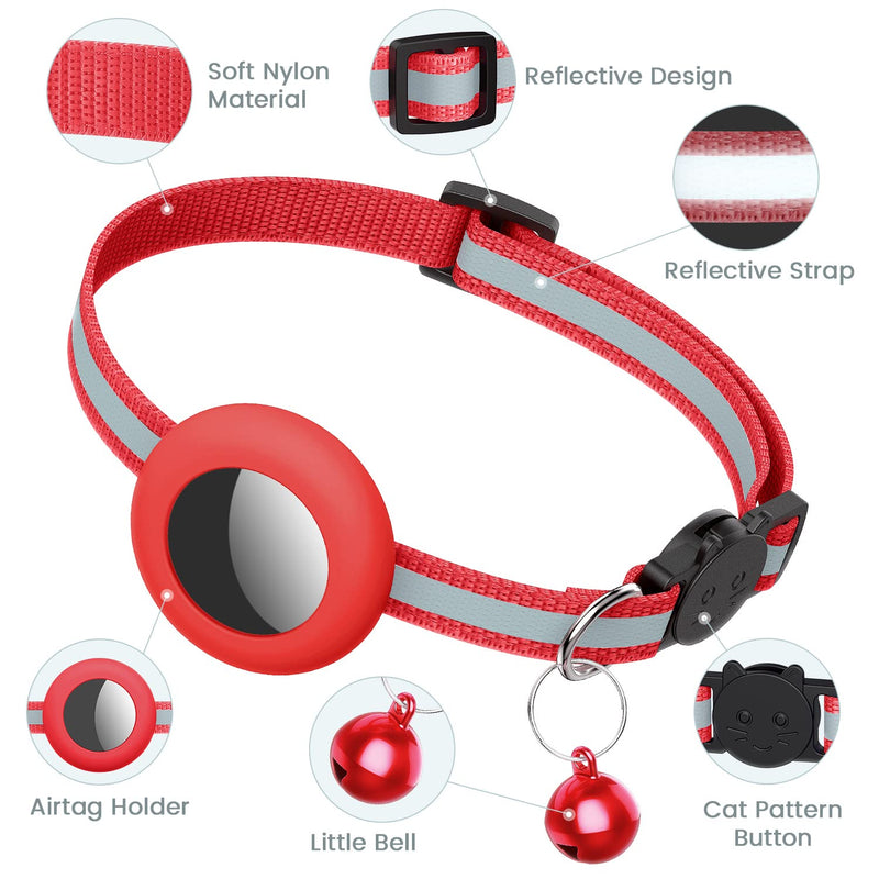 Airtag cat collar, reflective airtag cat collar with bell and airtag holder compatible with Apple Airtag, beautiful cat collar with breakable safety buckle for kittens puppies red 2 piece set - BeesActive Australia