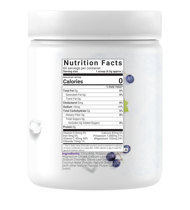 Electrolytes Powder, 1lb (69 Servings) – No Sugar, Low Sodium, ICY Grape Flavor – Rapid Hydration Supplement Drink Mix – High Potassium 1,000mg with Natural Coconut Water, Magnesium, & Vitamin C*