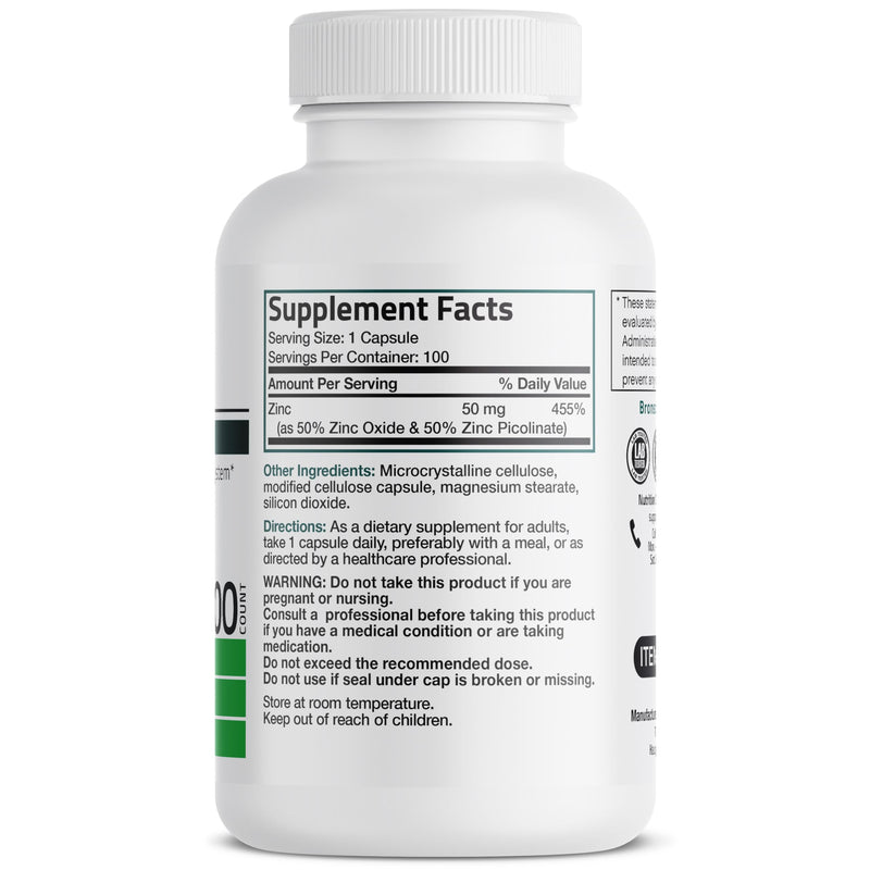 Bronson Zinc 50mg Complex (Zinc Oxide 50% & Zinc Picolinate 50%) High Potency Immune Support Supplement & Antioxidant and Skin Health - Non GMO, 100 Vegetarian Capsules 100 Count (Pack of 1) - BeesActive Australia