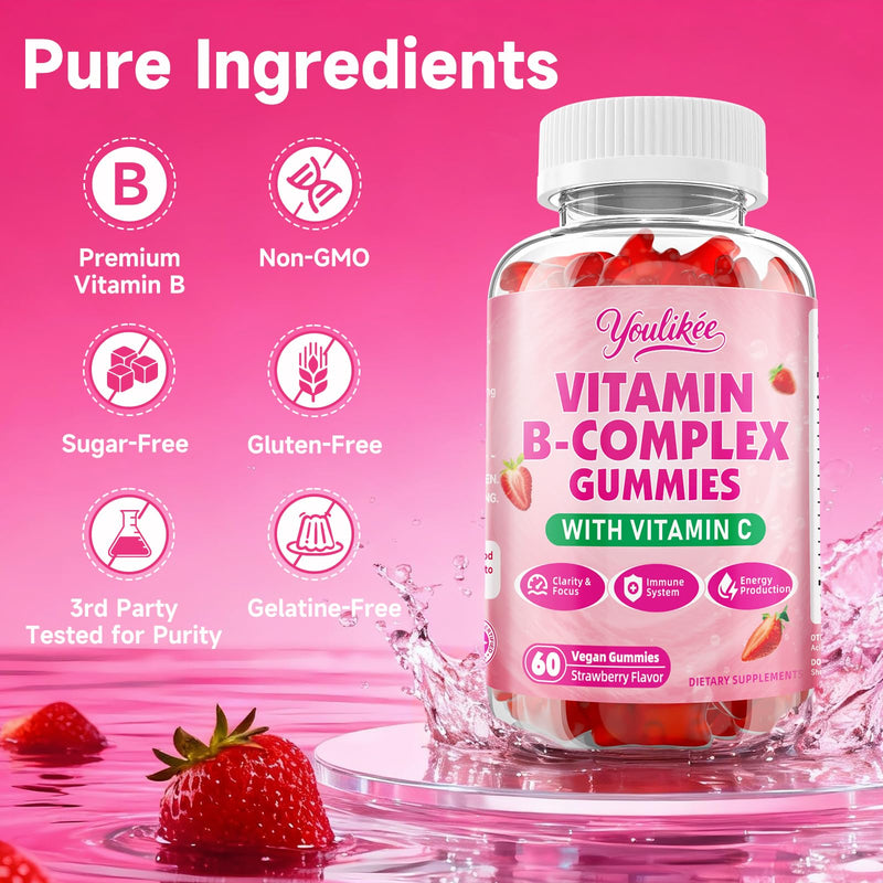 Vitamin B-Complex Gummies for Women & Men, Strawberry Flavor, 60 Count | Methyl B12, B1, B2, B3, B5, B6, B7 & B9 - Vitamin B Complex with Vitamin C for Energy, Brain & Immune Support 60 Count (Pack of 1)