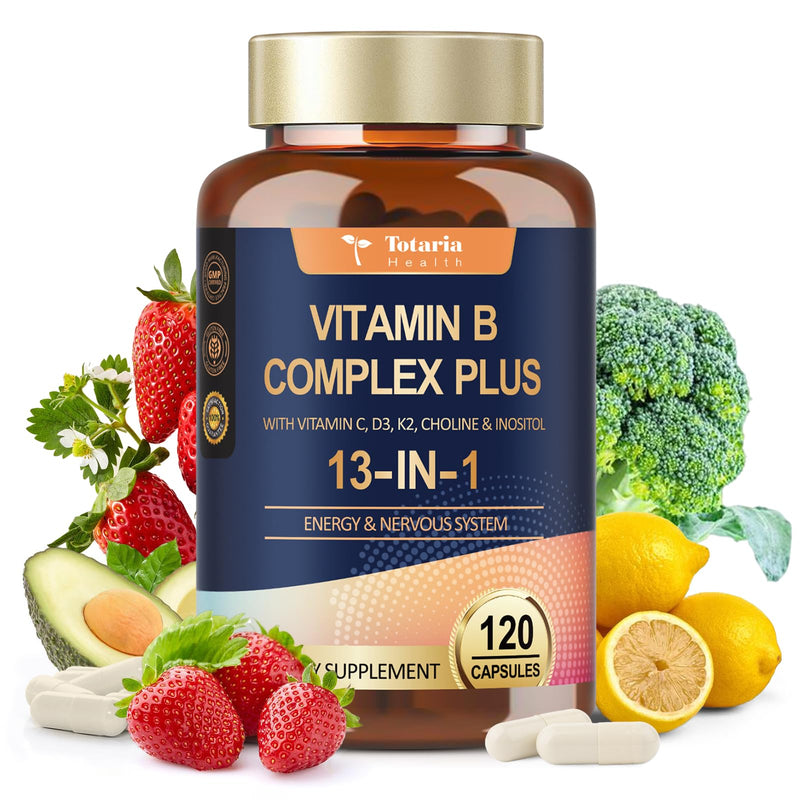 13-in-1 Vitamin B Complex Plus with Vitamin B1, B2, B3 (Niacinamide), B4, B5, B6, B7 (Biotin), B8 (Inositol), B9 (Folate), B12, C, D3, K2 - Energy, Nerve, Immune, Skin Support - 120 Vegan Capsules 1