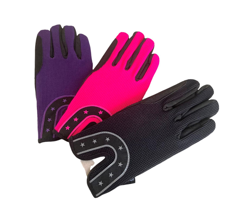 Ladies All Sports Outdoor Equestrian Gloves Horseshoe Design in Pink, Black & Purple Medium - BeesActive Australia