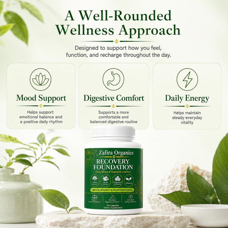 Recovery Foundation Supplement, Mood & Digestive Comfort Support with Saffron Extract, L-Theanine, Myo-Inositol, Magnesium, Ginger, Vitamin D3 & B12, Daily Energy, 60 Capsules