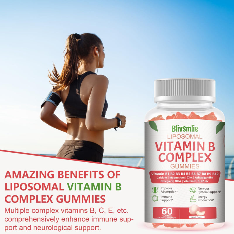 33-in-1 Liposomal Vitamin B Complex Gummies - B1, B2, B3, B4, B5, B6, B7, B8, B9, B12, Vitamin C, D3, K2, Calcium, Magnesium, Zinc for Energy, Brain, Immune, Skin Support & Heart Support 60 Count (Pack of 2)