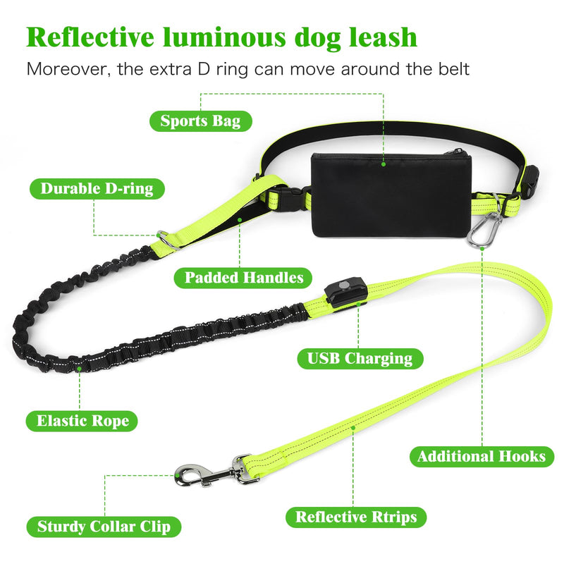LED Hands Free Dog Leash, Waist Leash for Dog Walking, Retractable Bungee Light Up Dog Leash, LED Handless Dog Running Leash, Reflective Running Leash for Jogging Training Hiking (Green) Green